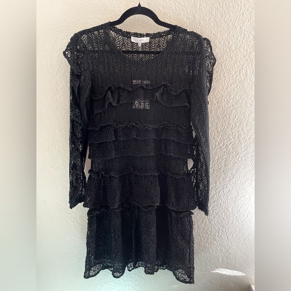 IRO Elegant long sleeve Black Lace Dress with black ruffles. 40 - Picture 4 of 11